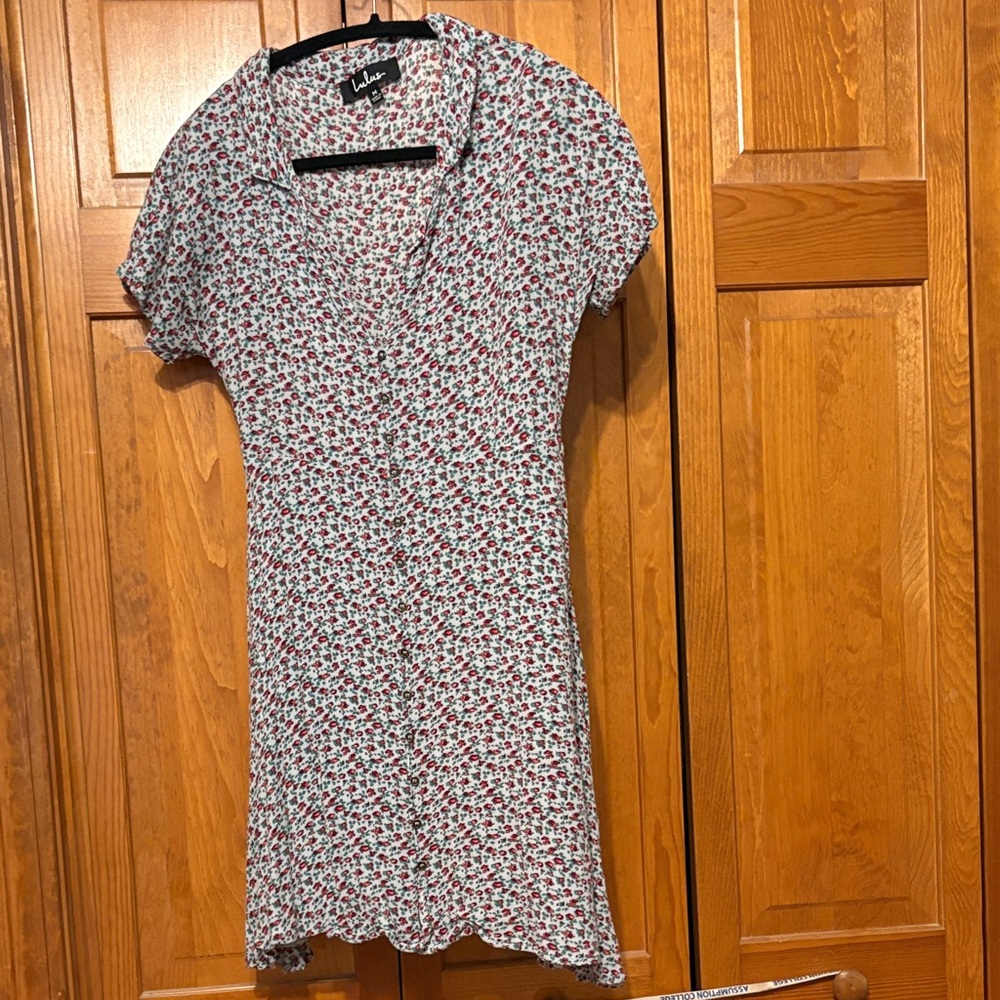 Lulus Cream Blouse with Teal and Red Floral Print